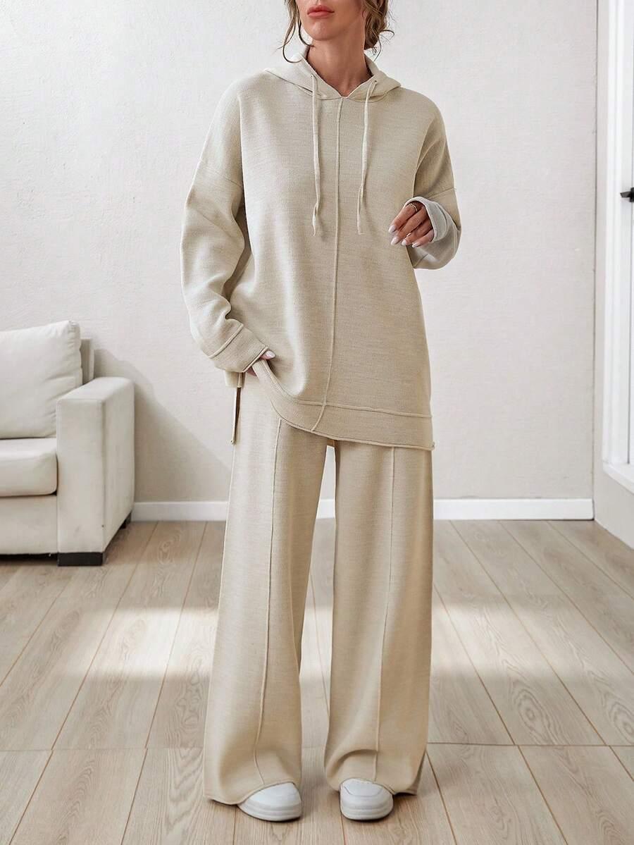 BEŻOWY DZIANINOWY KOMPLET OVERSIZE SPODNIE BLUZA