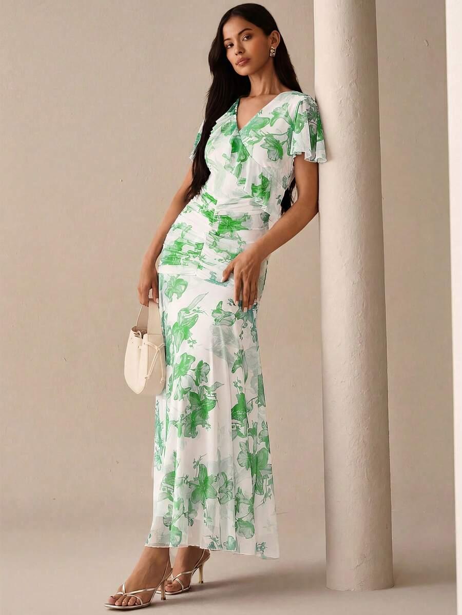 sukienka maxi krótki rękaw print