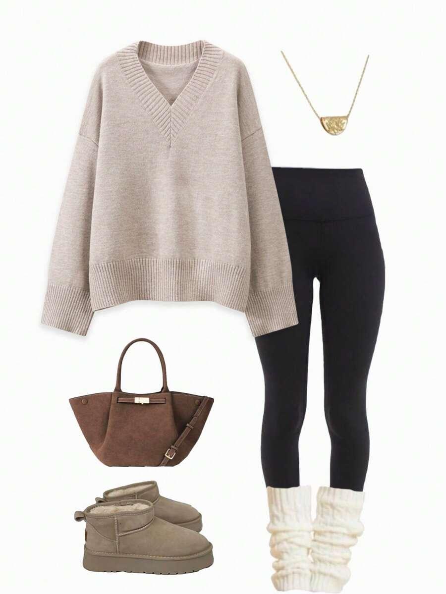 BEŻOWY DZIANINOWY sweter v neck 