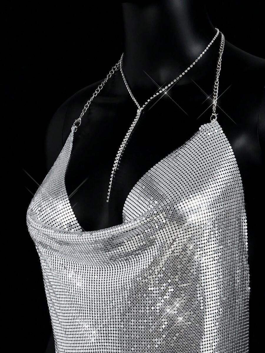 SREBRNY CROP TOP ODKRYTE PLECY 
