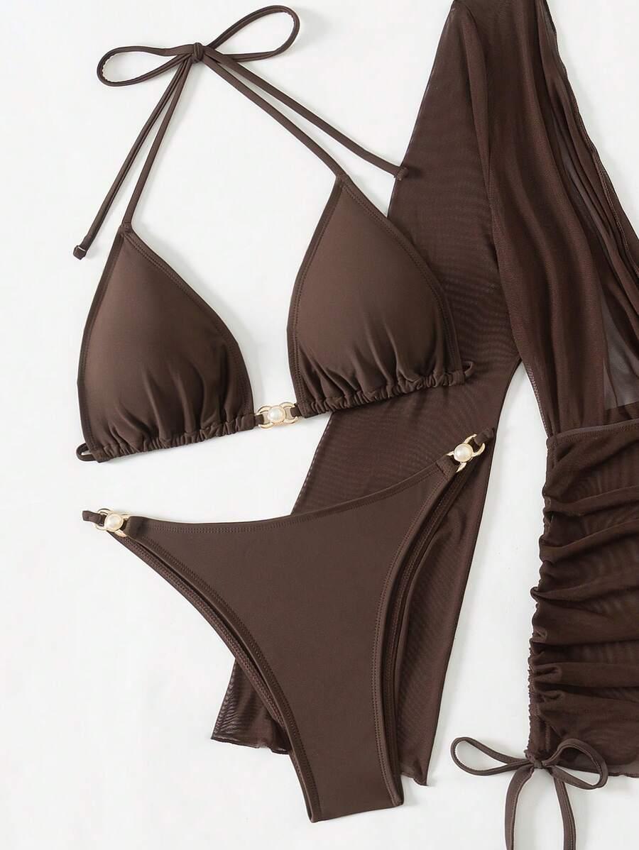 brązowy komplet tunika dół od bikini 