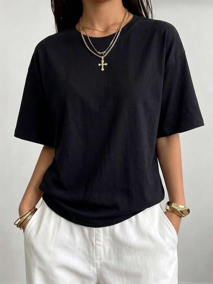 czarny t-shirt oversize okrągły dekolt
