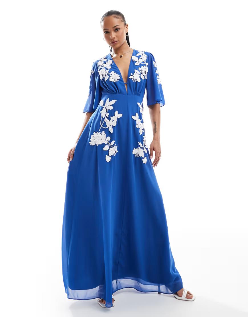 niebieska maxi sukienka v-neck zdobienie