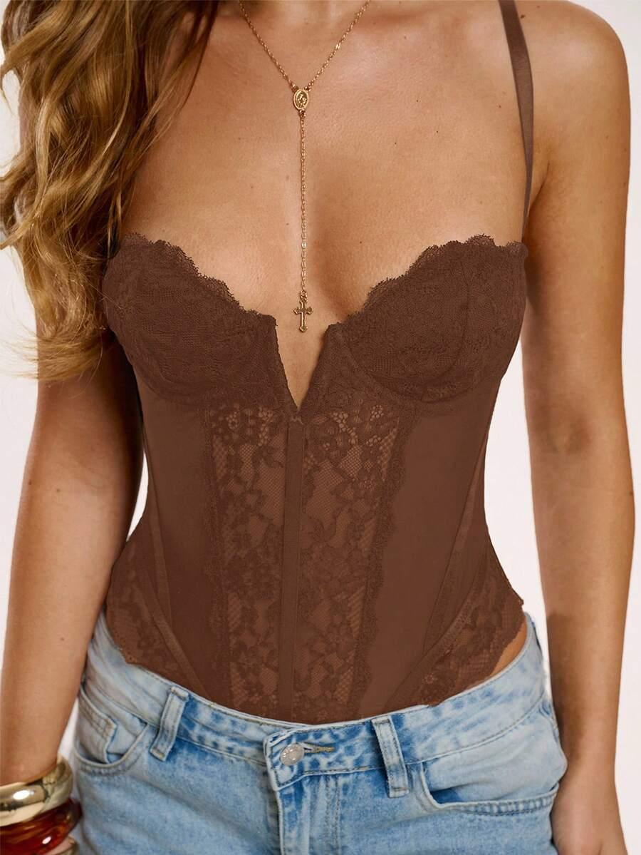 brązowe body koronka