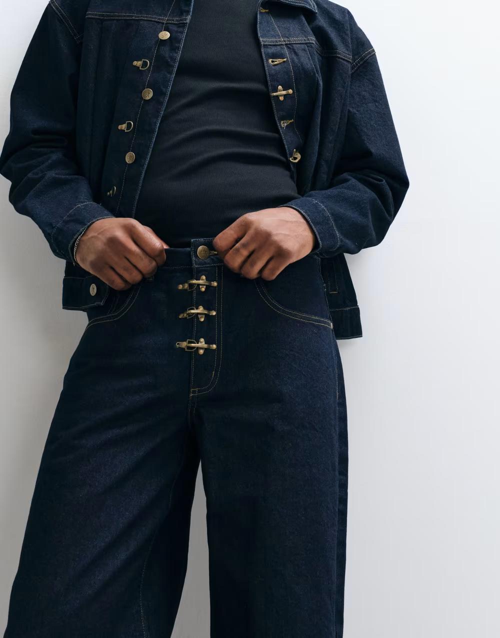 granatowe SPODNIE JEANS OZDOBNE ZAPIĘCIE