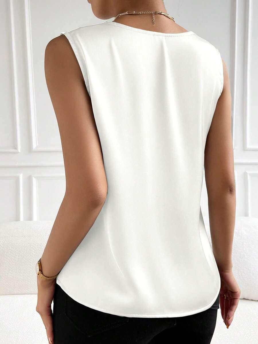 BIAŁA SATYNOWA BLUZKA BEZ RĘKAWÓW V-NECK