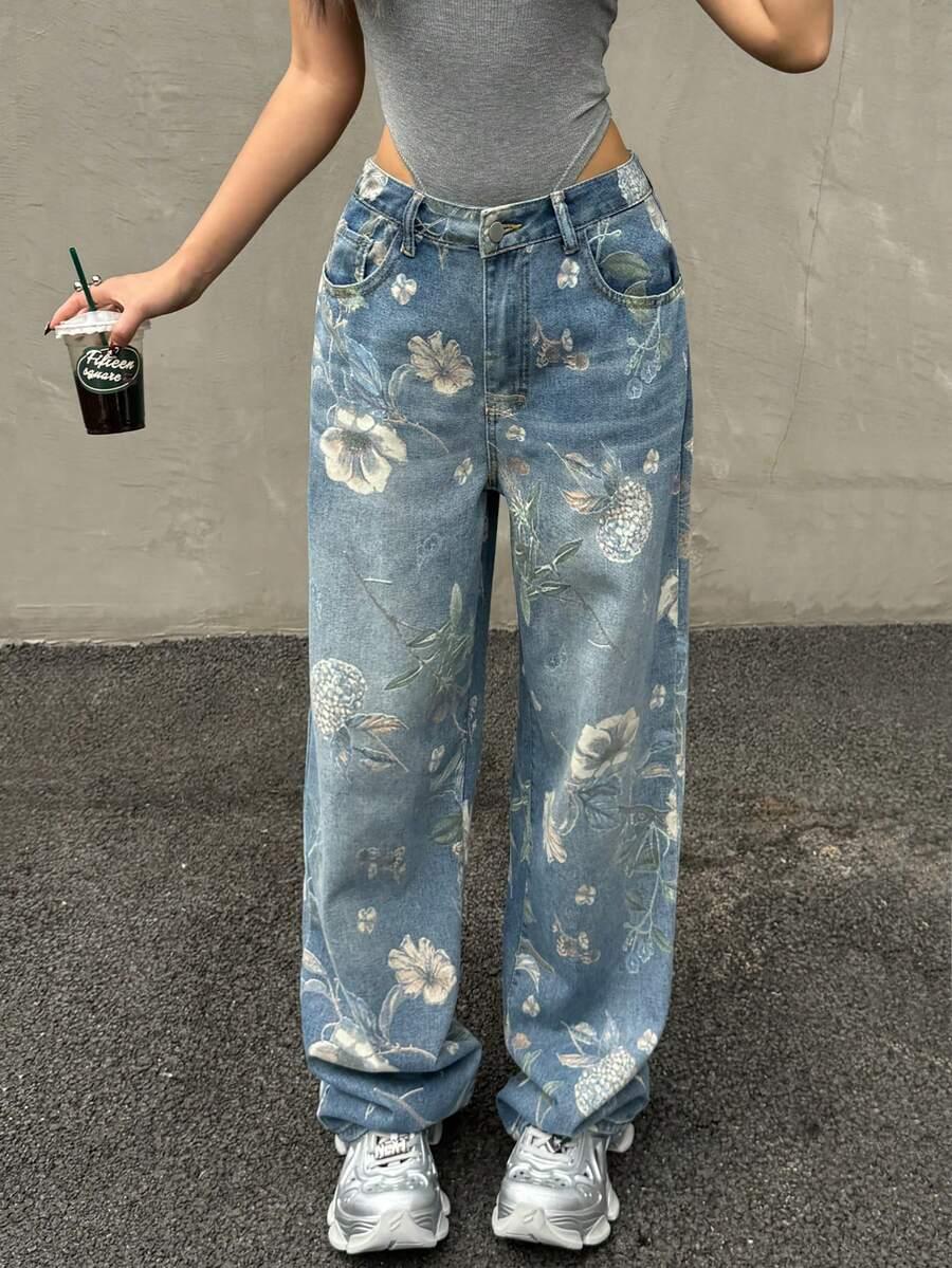 jeansy print kwiaty