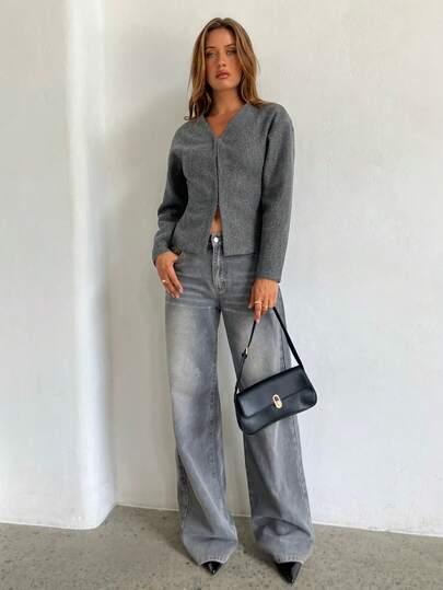 SZARA BLUZKA V-NECK