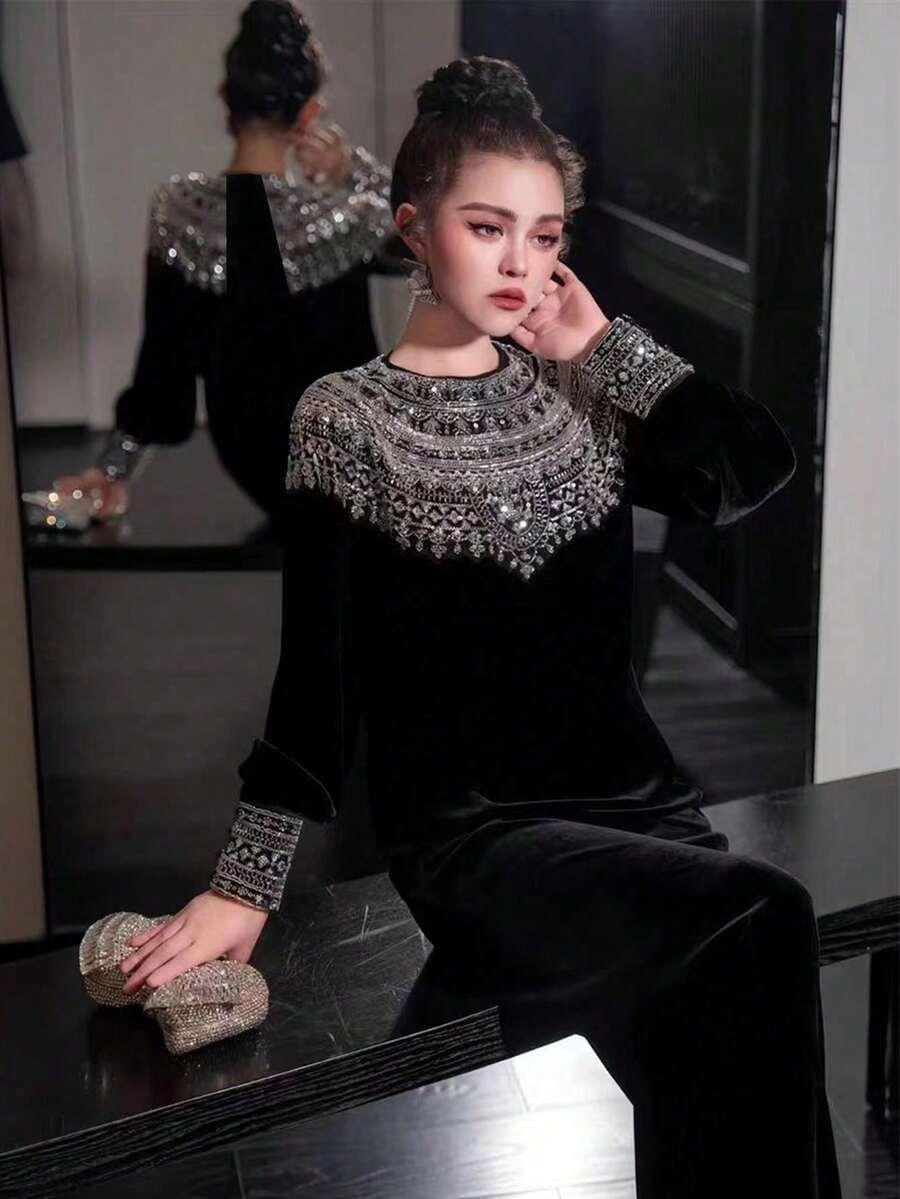 CZARNA MAXI SUKIENKA ZDOBIENIE
