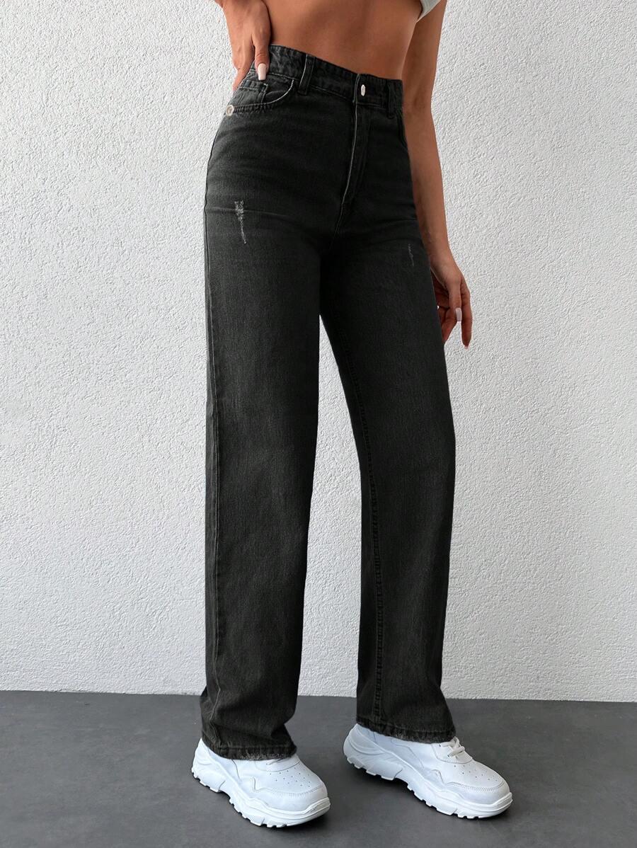 spodnie jeans proste nogawki wysoki stan ripped