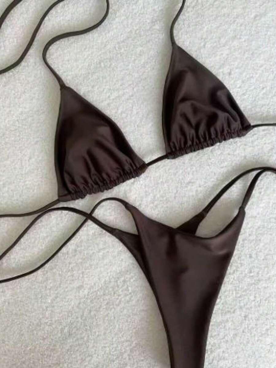 dwuczęściowy brązowy wiązany komplet bikini