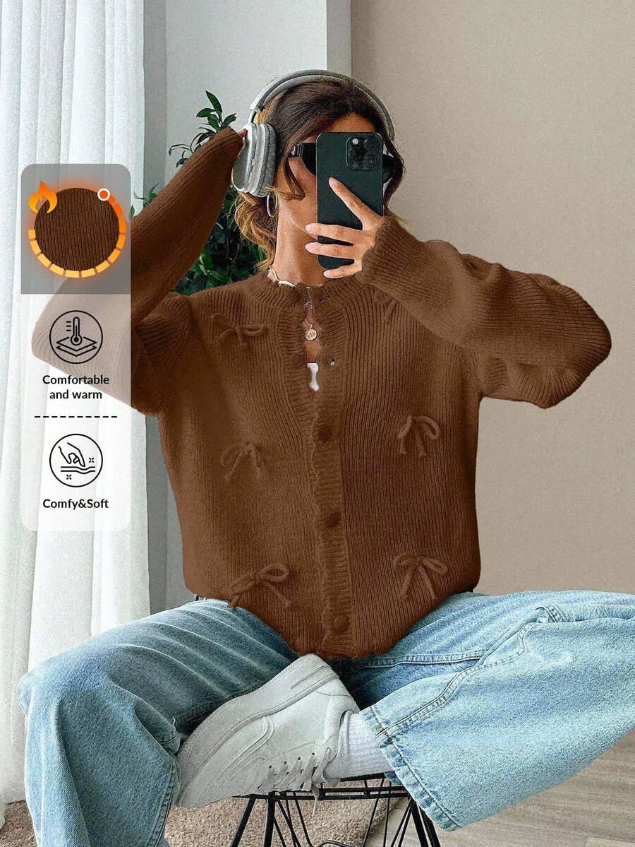 rozpinany brązowy sweter kokardki