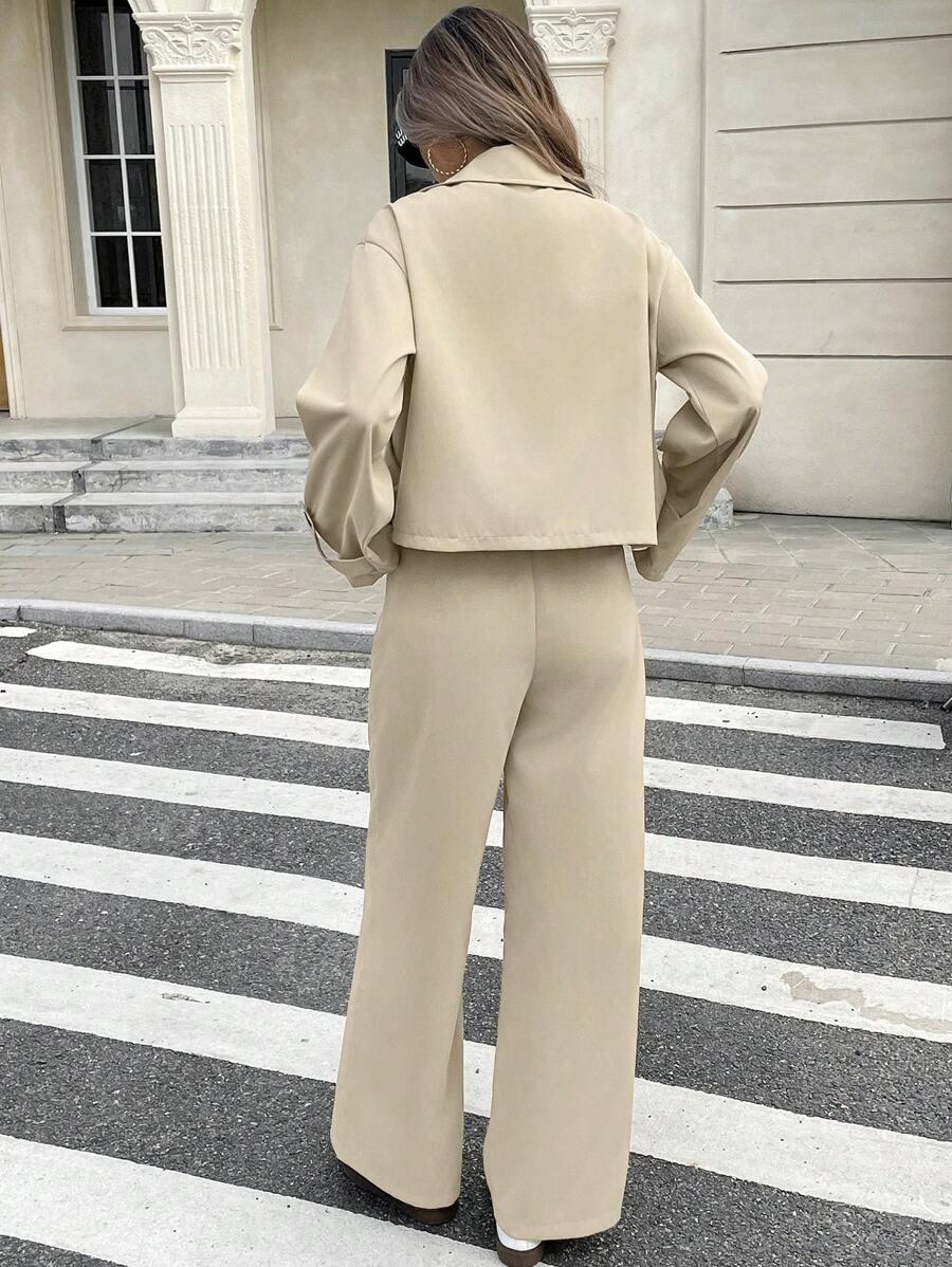 BEŻOWY KOMPLET MARYNARKA SPODNIE
