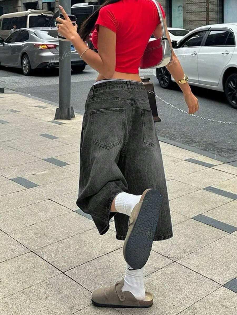 CZARNE SPODENKI JEANS SZEROKIE NOGAWKI 