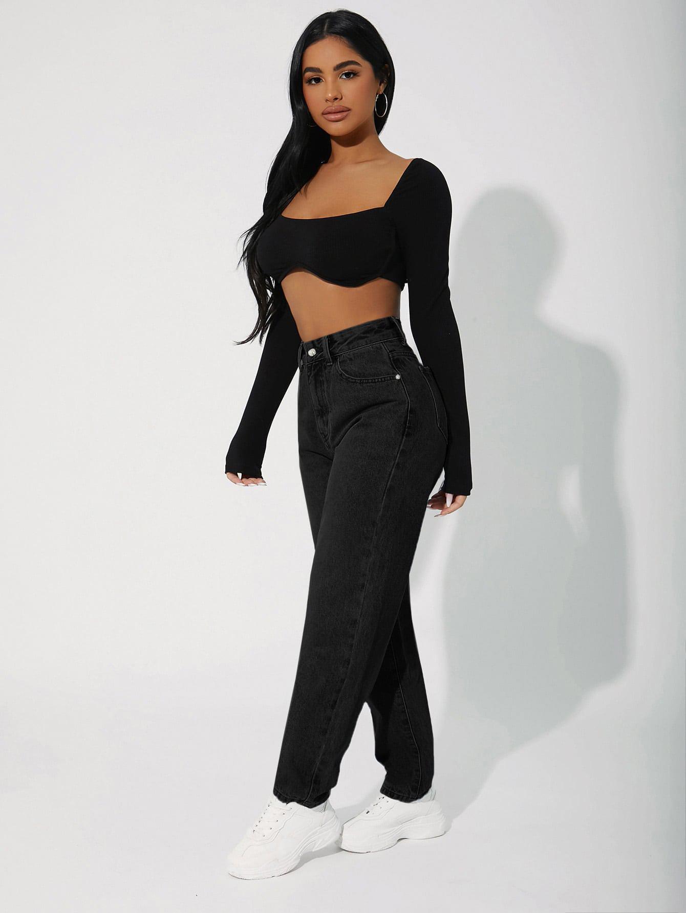 CZARNE SPODNIE MOM JEANS