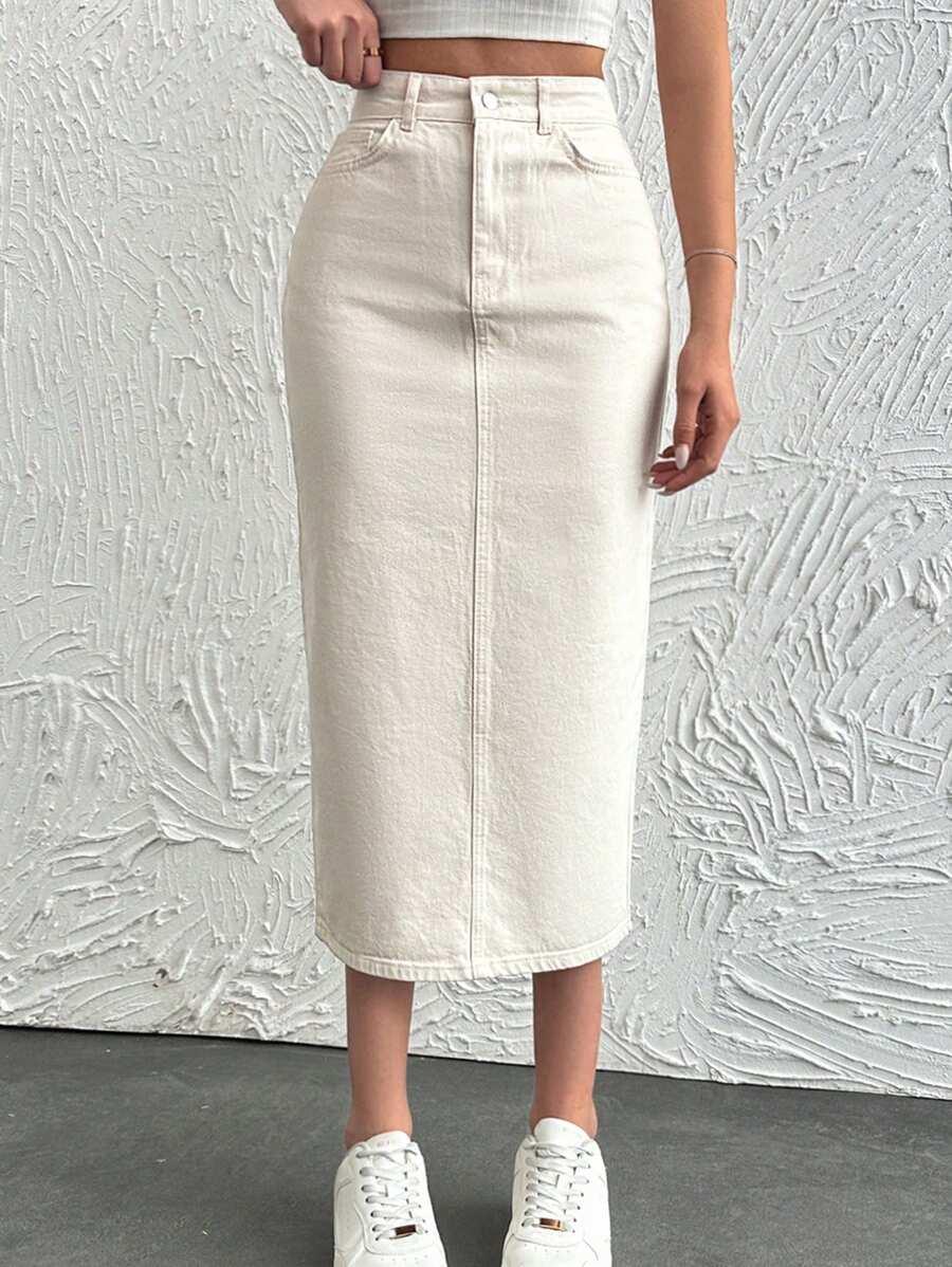 BEŻOWA MIDI SPÓDNICA JEANS