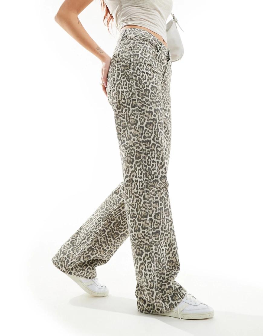 proste spodnie jeans leopard print zamek kieszenie