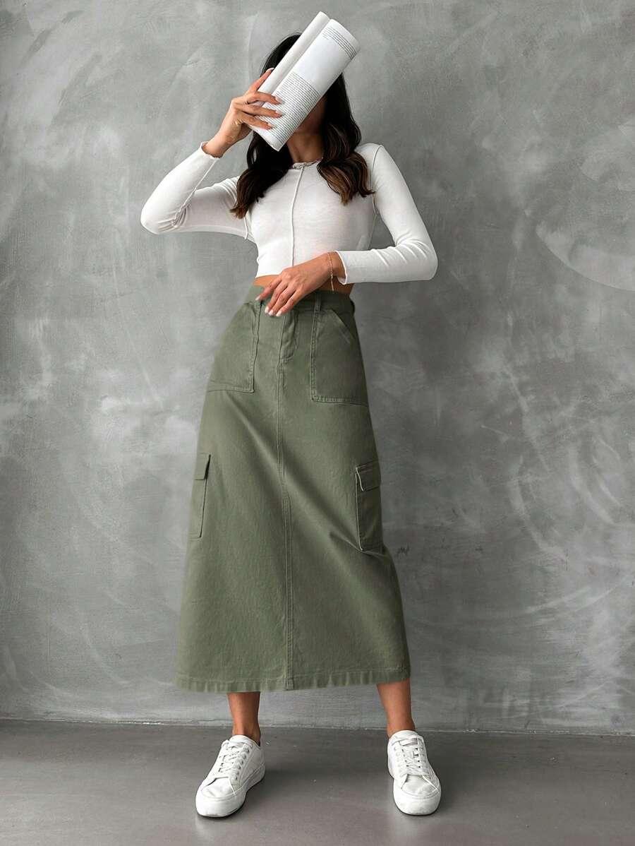 zielona spódnica jeans kieszenie