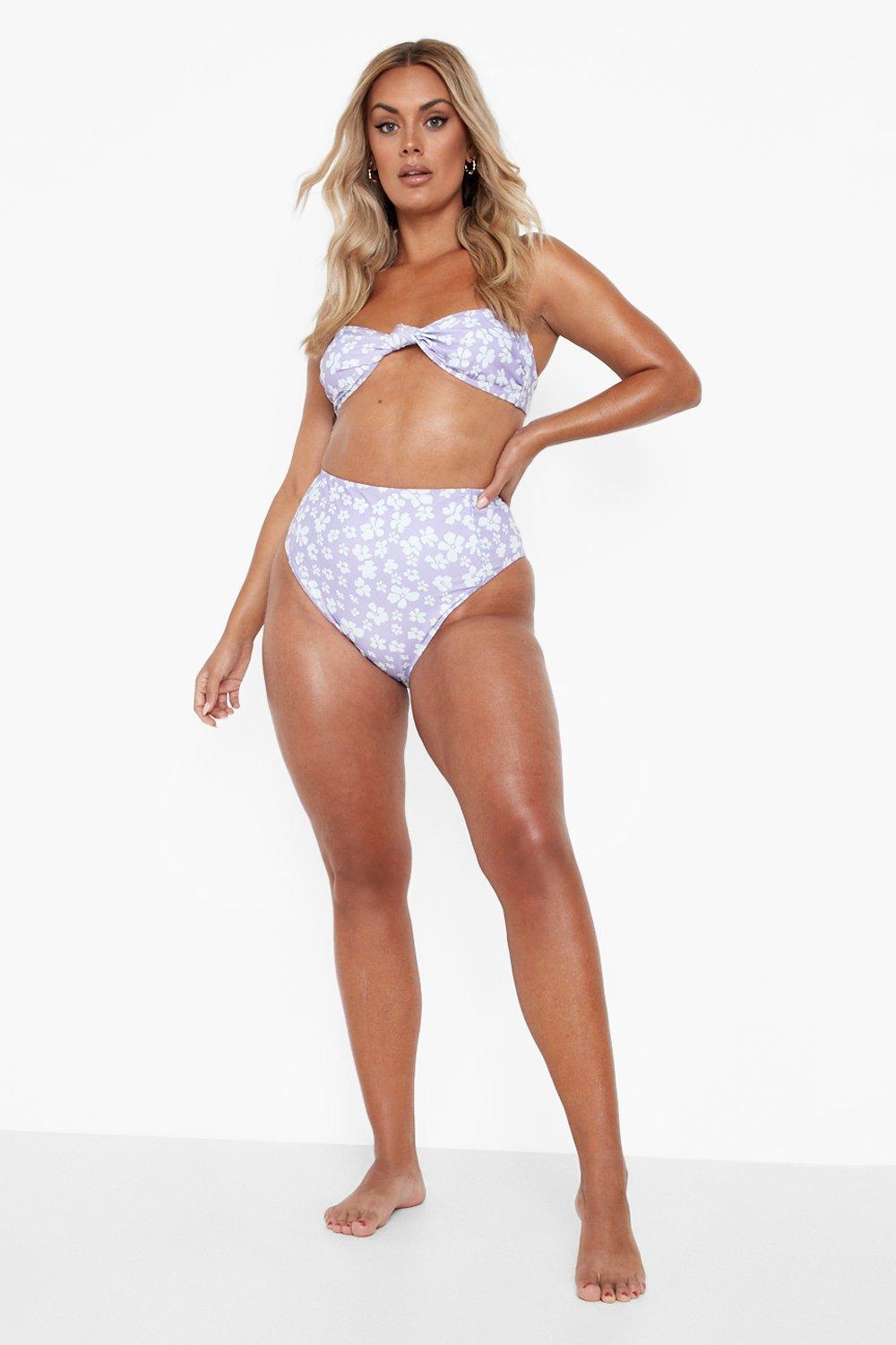 fioletowy dół od bikini print kwiaty wysoki stan
