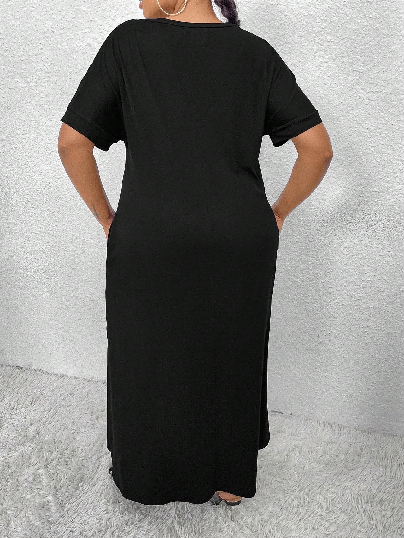 czarna maxi sukienka krótki rękaw v neck 