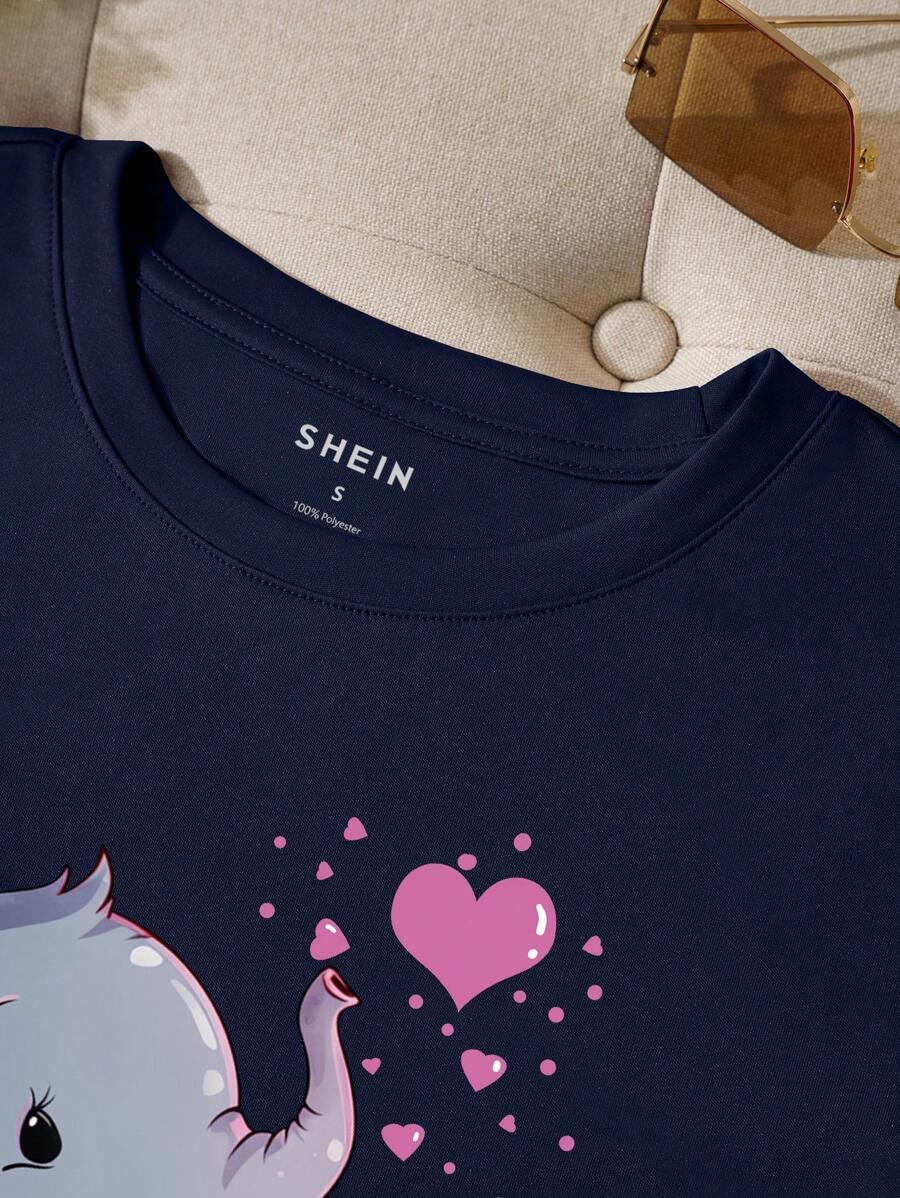GRANATOWY T-SHIRT OKRĄGŁY DEKOLT print