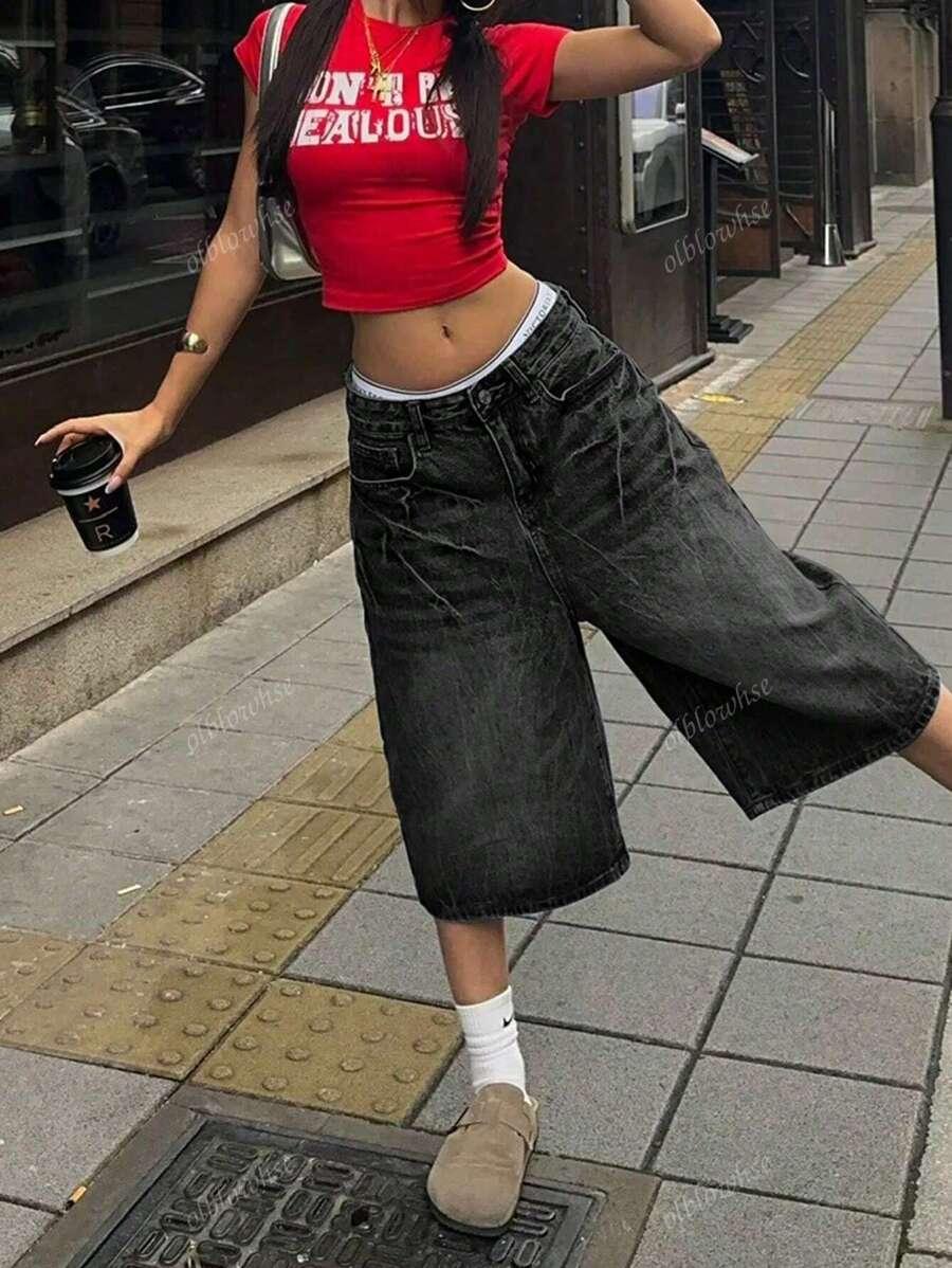 CZARNE SPODENKI JEANS SZEROKIE NOGAWKI 