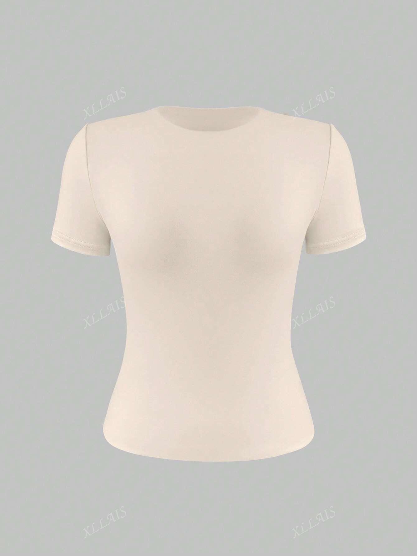 BEŻOWY T-SHIRT OKRĄGŁY DEKOLT
