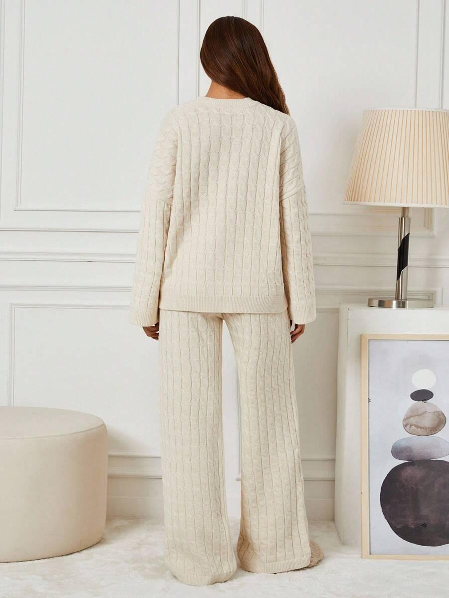 BEŻOWY DZIANINOWY KOMPLET SWETER SPODNIE