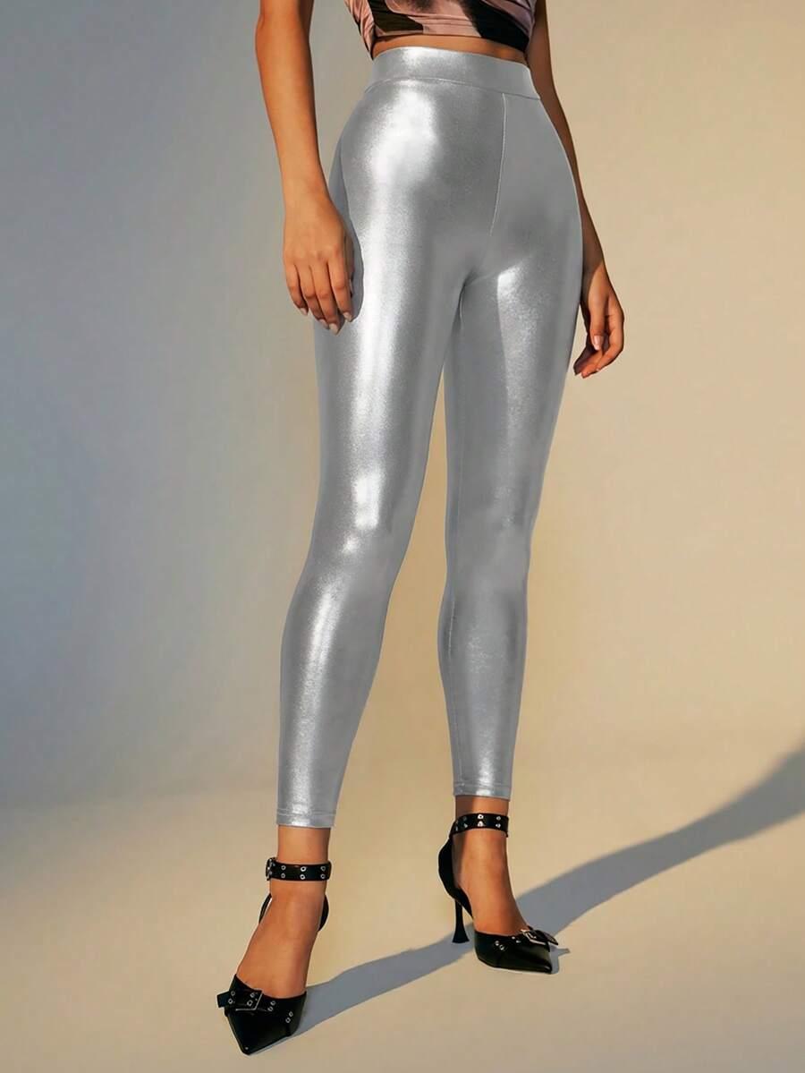 srebrne legginsy casual