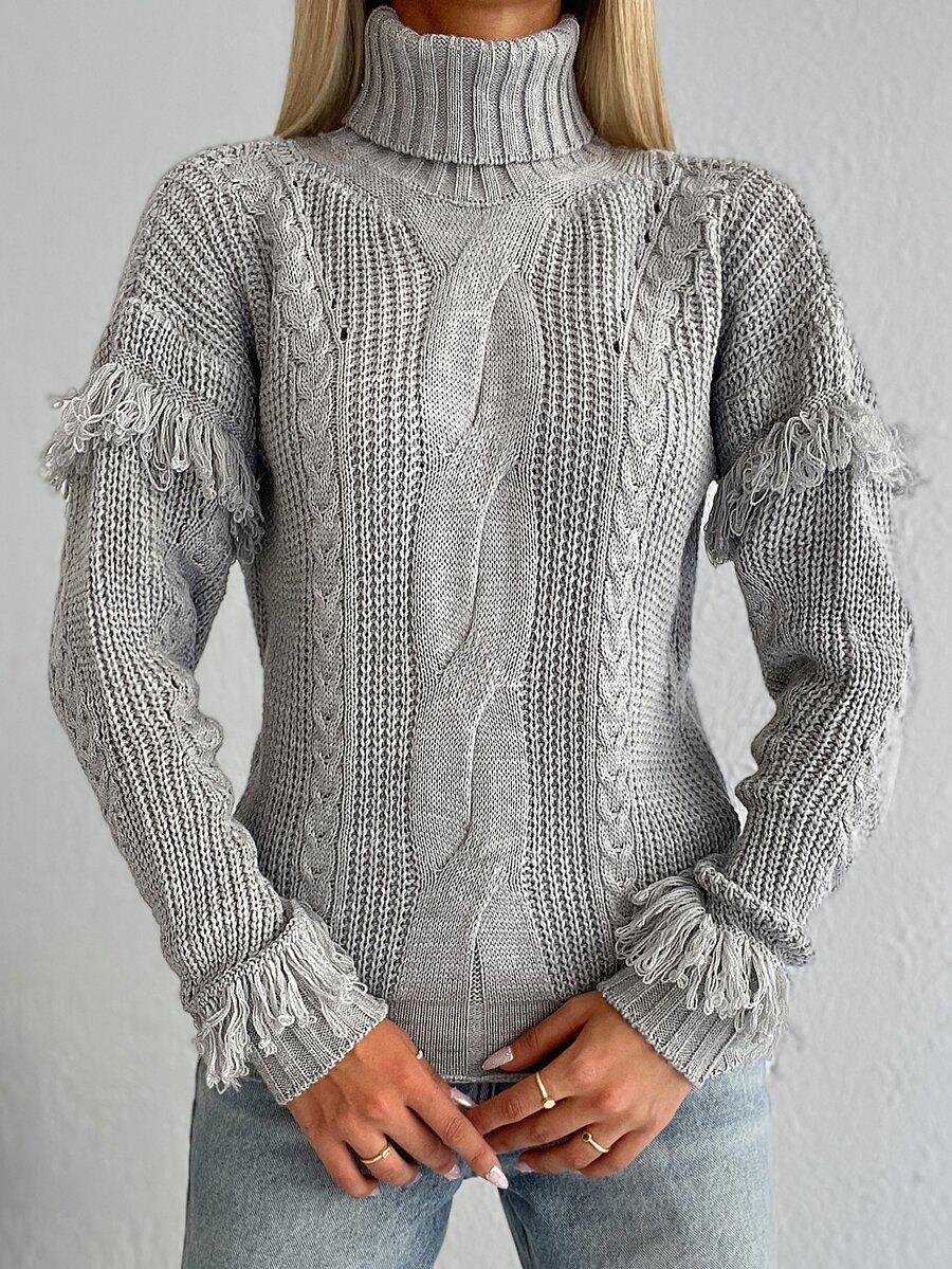 sweter golf frędzle splot ecru