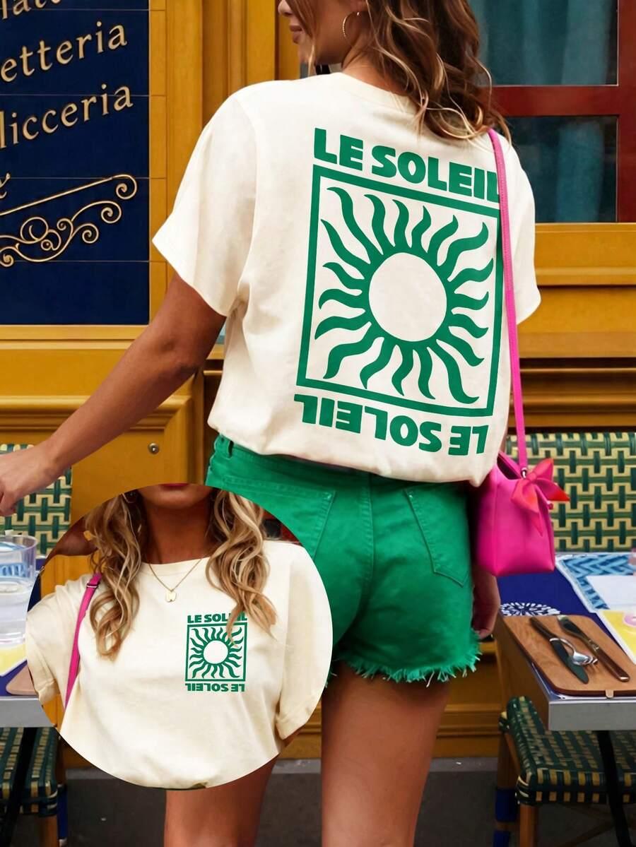 beżowy t-shirt z nadrukiem 
