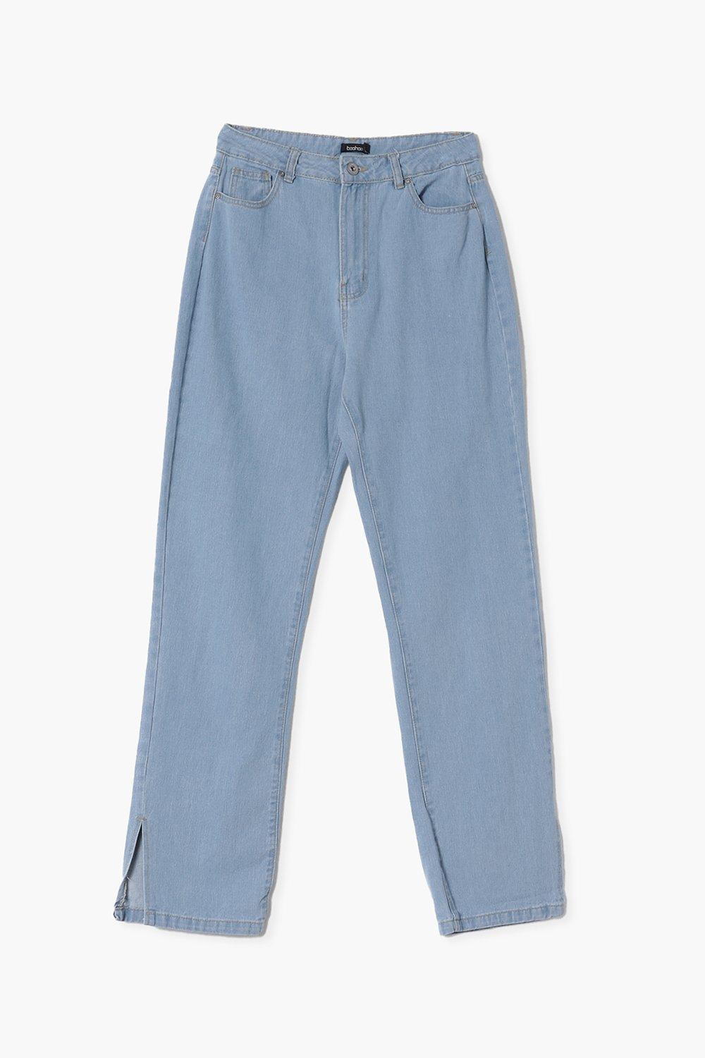 niebieskie spodnie jeans wysoki stan rozcięcie