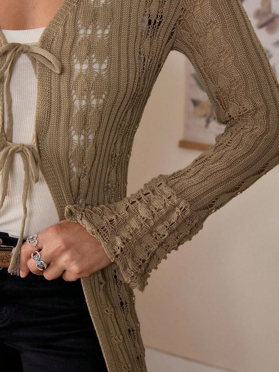 brązowy sweter długi rękaw wiązanie 
