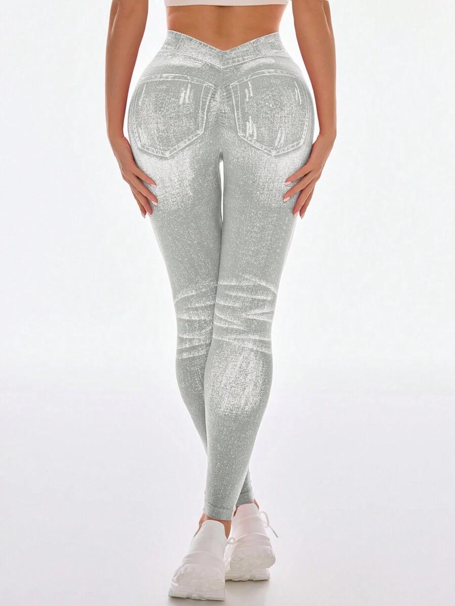 SZARE LEGGINSY IMITACJA JEANSU marszczenia