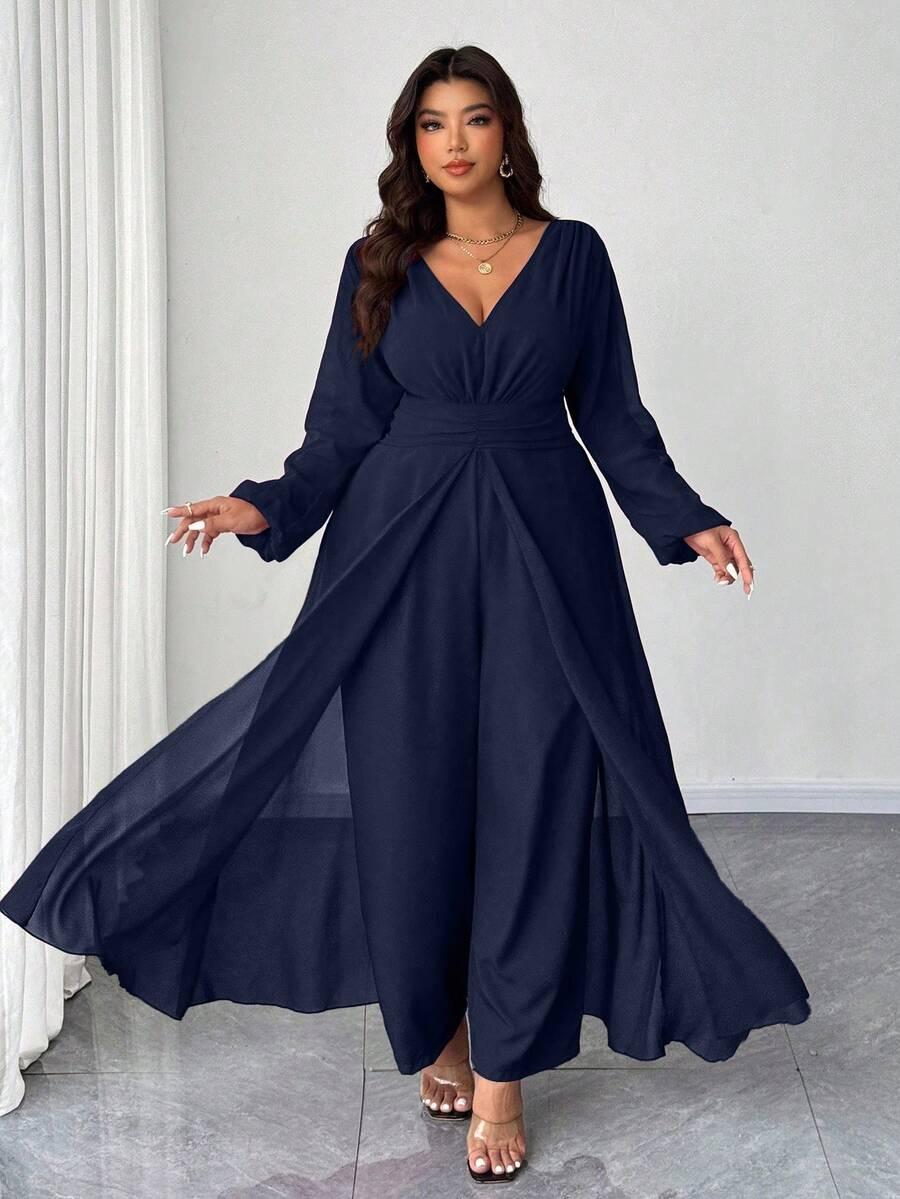 GRANATOWY KOMBINEZON V-NECK