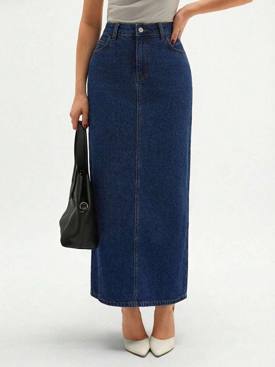niebieska maxi spódnica z rozcięciem jeans