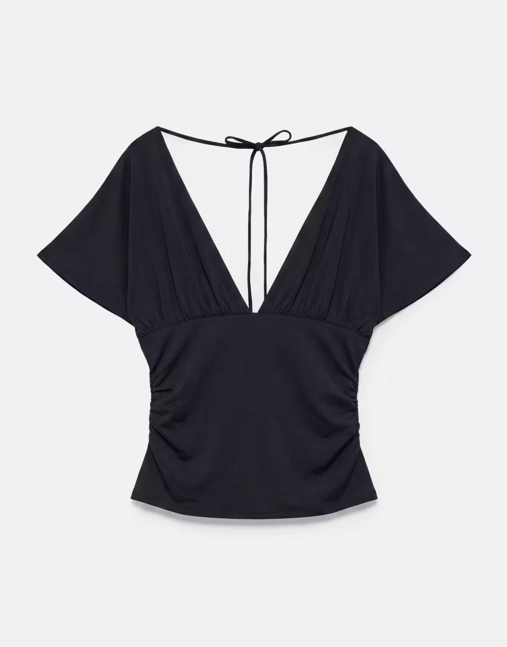 czarny top krótki rękaw wiązanie marszczenia