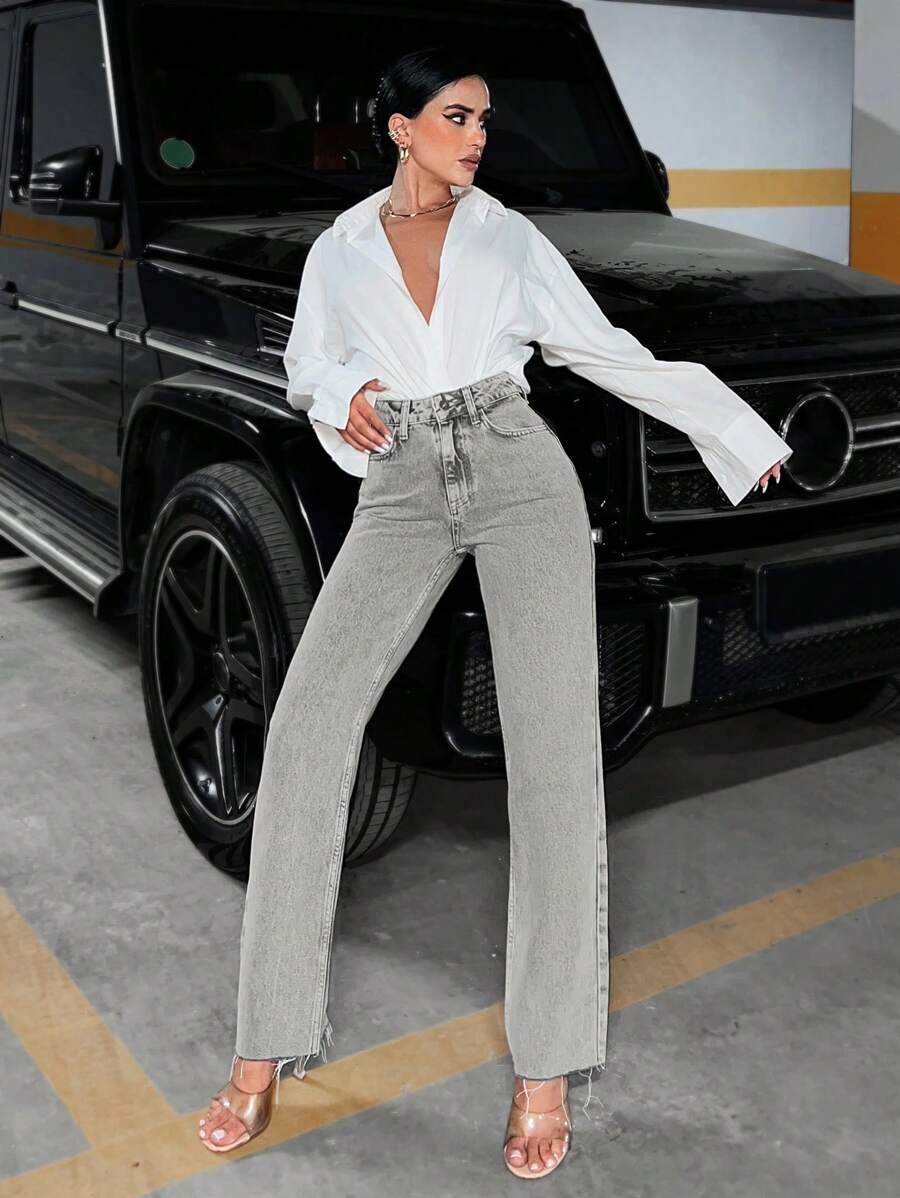 SZARE PROSTE JEANSOWE SPODNIE WYSOKI STAN 