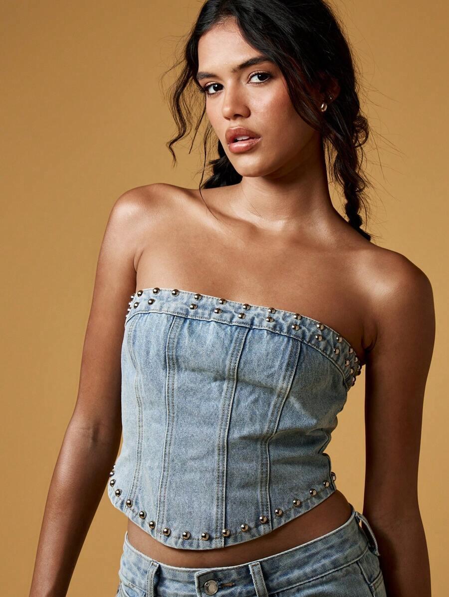 niebieski jeansowy top