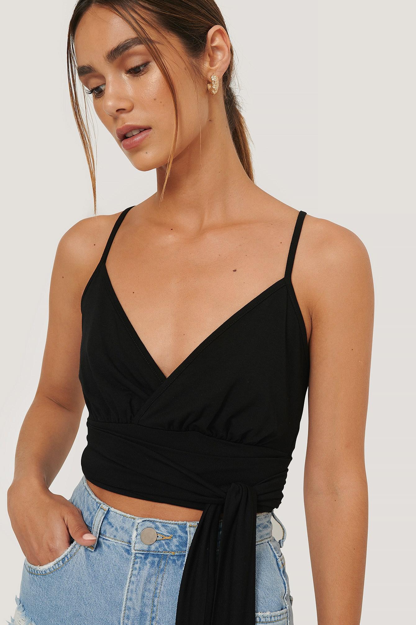 czarny crop wiązanie ramiączka