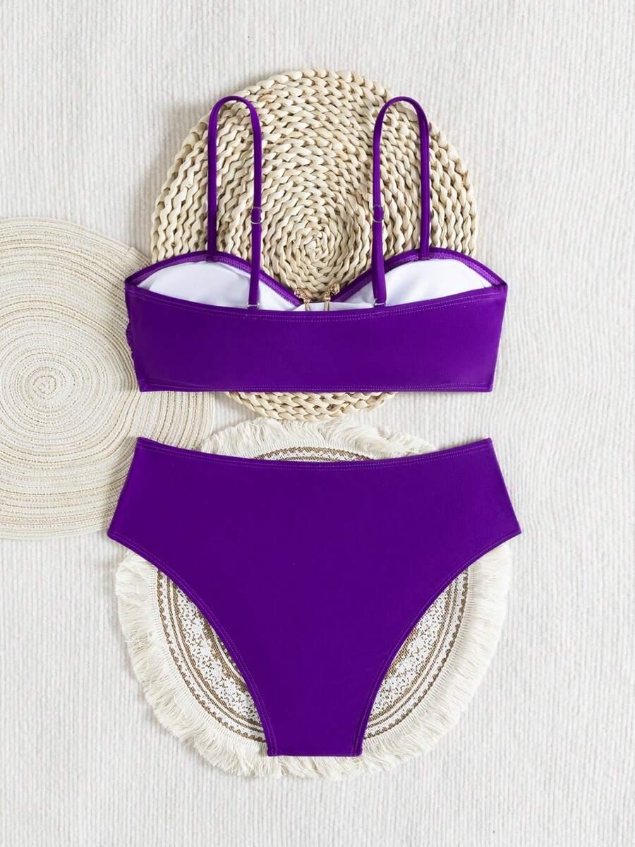 FIOLETOWY DWUCZĘŚCIOWY STRÓJ KĄPIELOWY ZDOBIENIE