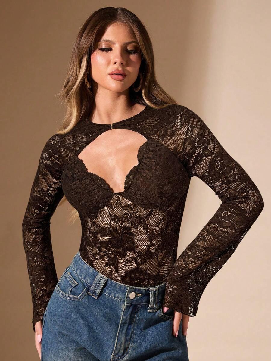 brązowe koronkowe body