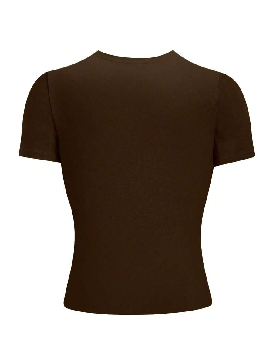 BRĄZOWY T-SHIRT OKRĄGŁY DEKOLT 