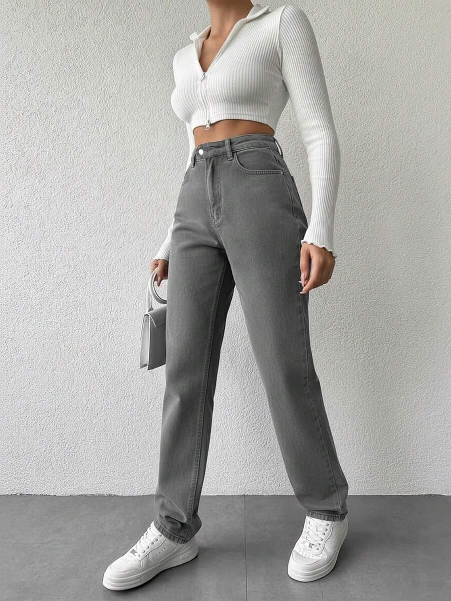 SZARE SPODNIE JEANS WYSOKI STAN