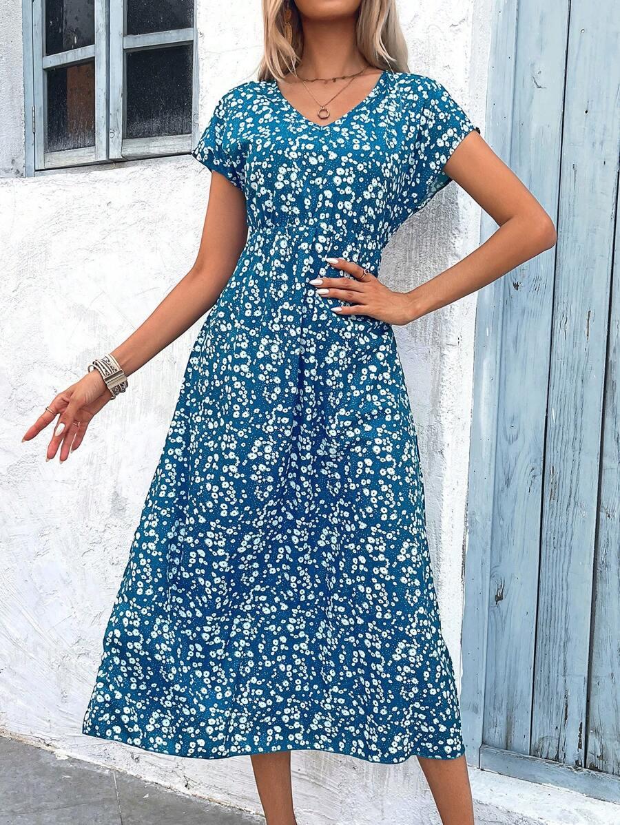 midi sukienka nadruk v neck