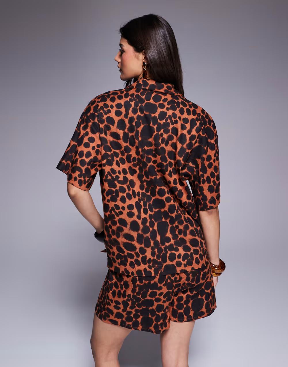 koszula animal print z domieszką lnu casual krótki rękaw
