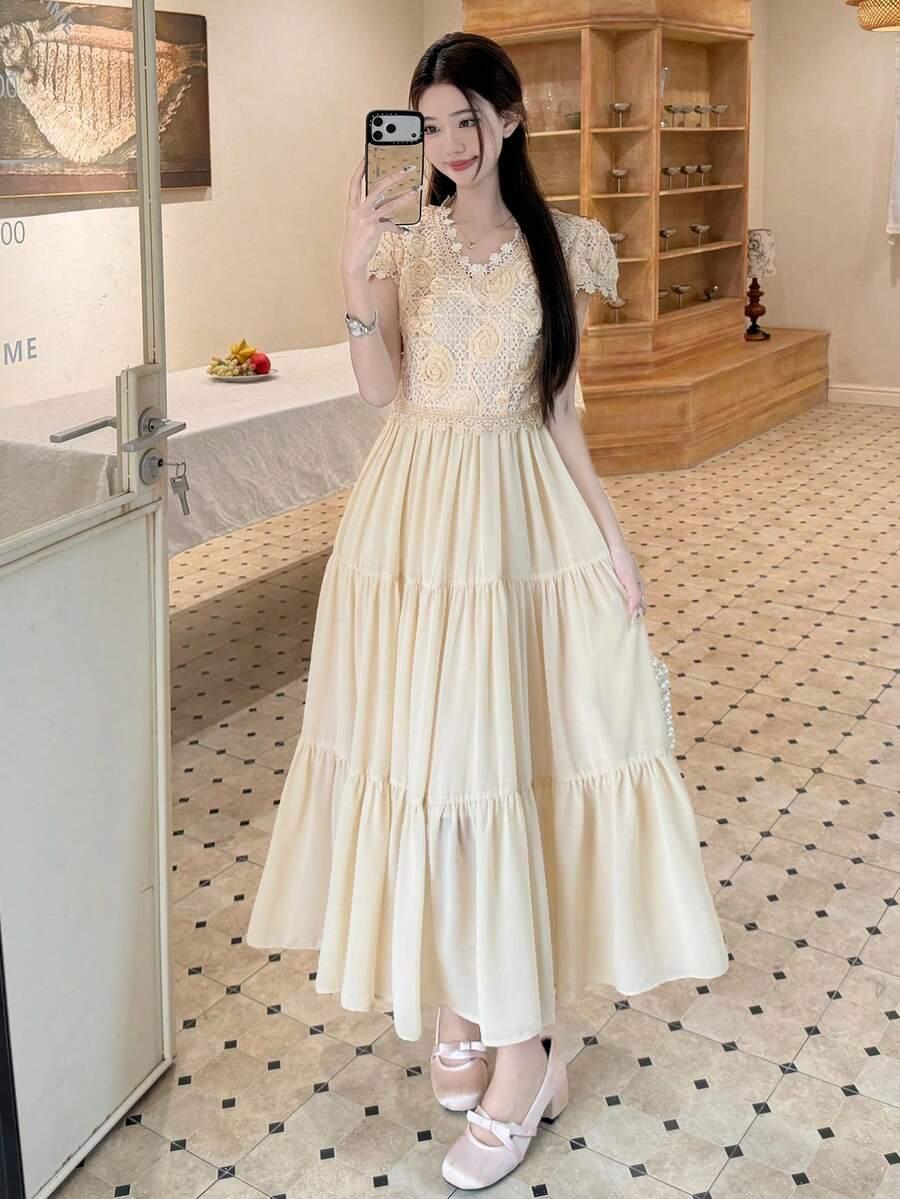 beżowa maxi sukienka v neck 