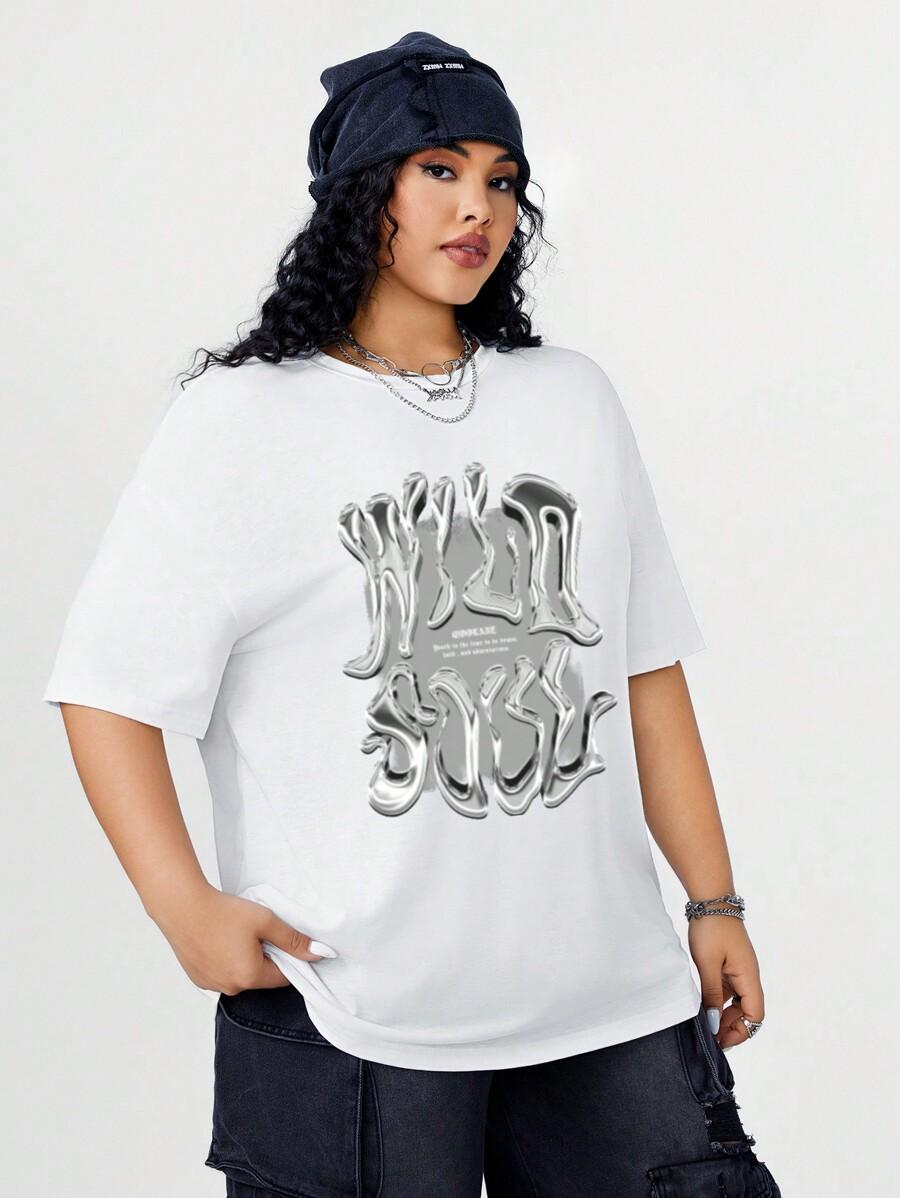 biały t-shirt oversize nadruk kontrast