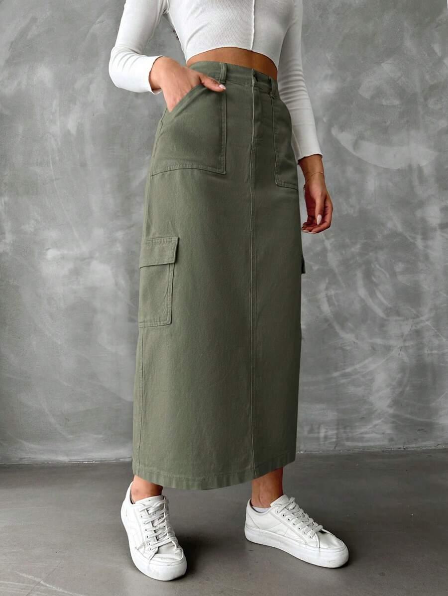 zielona spódnica jeans kieszenie