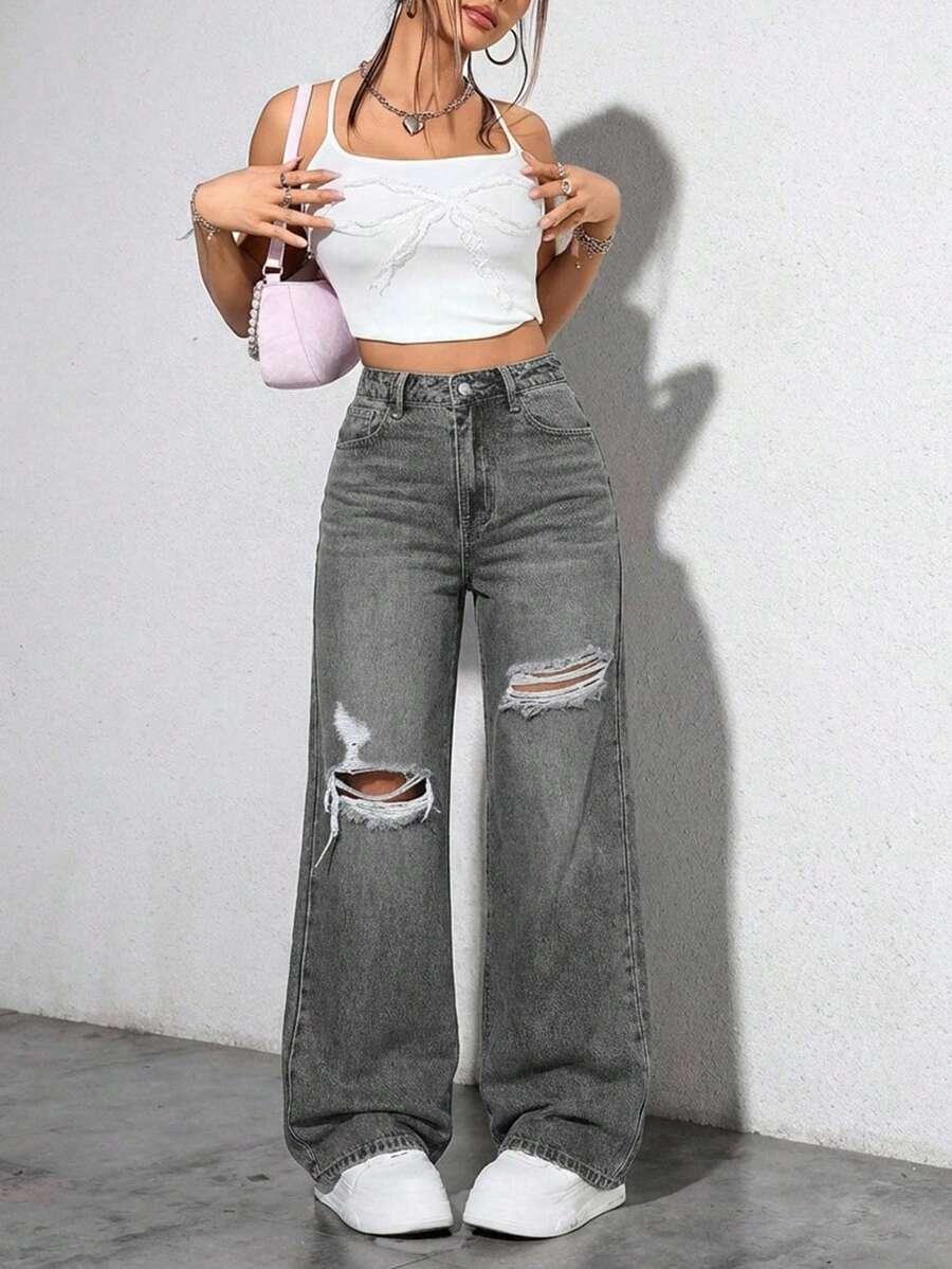 szare jeansy przetarcia 